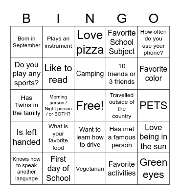 Get to know me Bingo Card