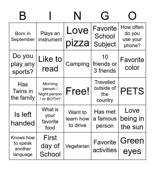 Get to know me Bingo Card