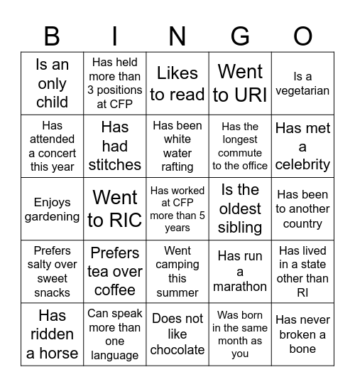 CFP Staff day Bingo Card