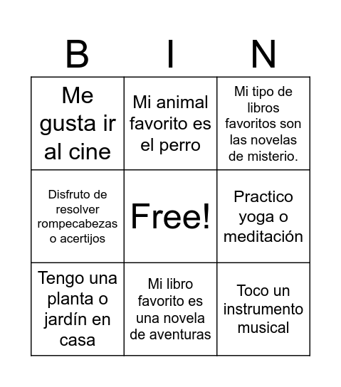 Bingo de los Intereses Bingo Card