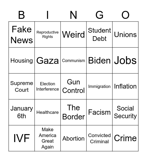 September 2024 Presidential Debate Bingo Card