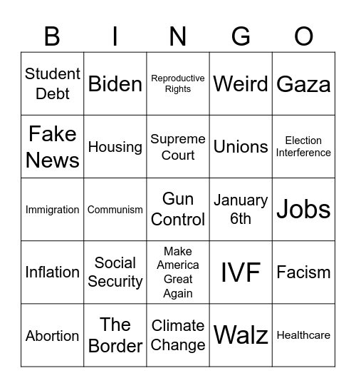 September 2024 Presidential Debate Bingo Card