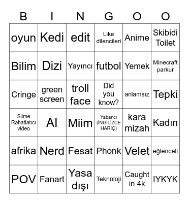 Youtube Shorts Bingo (İNGİLİZCE-TÜRKÇE KARIŞIK) Bingo Card