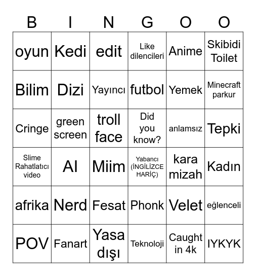 Youtube Shorts Bingo (İNGİLİZCE-TÜRKÇE KARIŞIK) Bingo Card