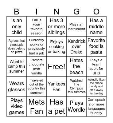 Getting to know you... Bingo Card