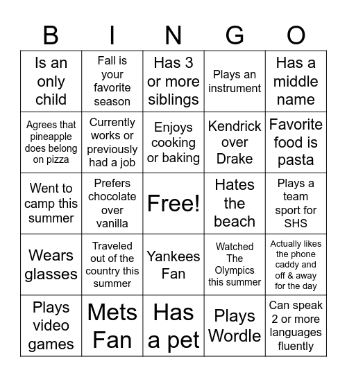 Getting to know you... Bingo Card