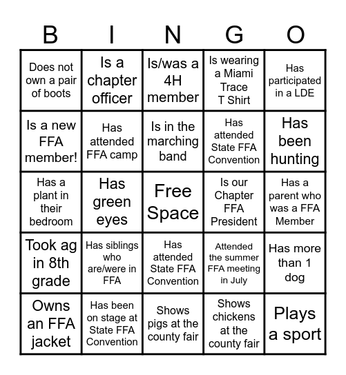 Find an FFA member who... Bingo Card