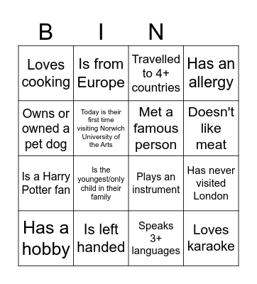 International Welcome Bingo Card