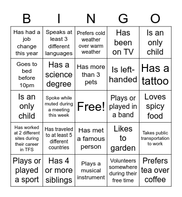 Commercial Team Bingo Card