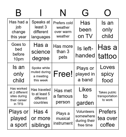 Commercial Team Bingo Card