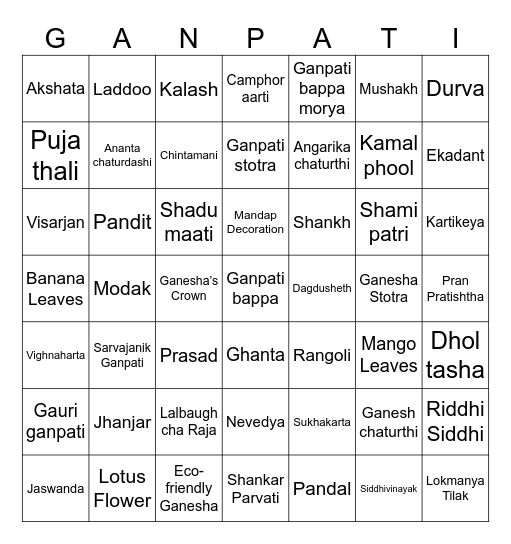 Ganpati Bappa Special Bingo Card