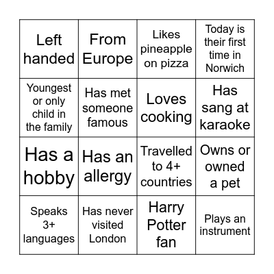 International Welcome - Bingo Card