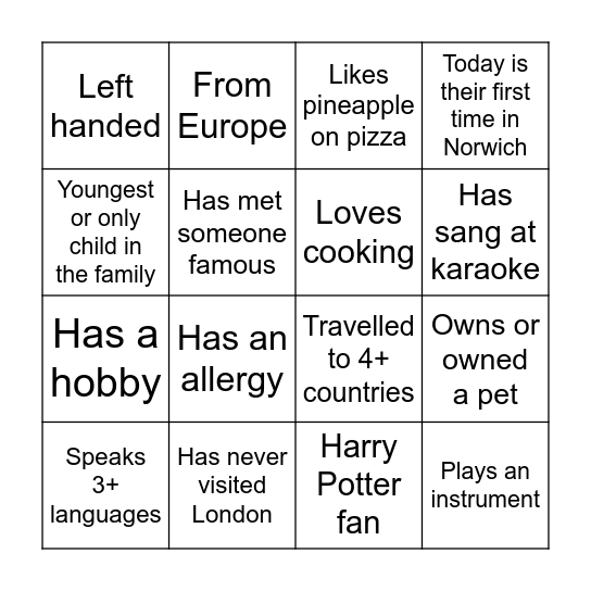 International Welcome - Bingo Card