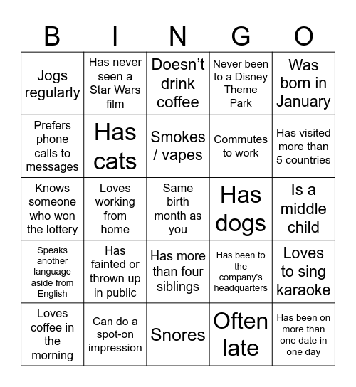 Icebreaker Bingo Card
