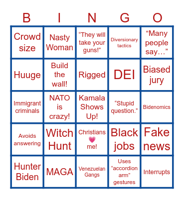 Trump/Harris Debate Bingo Card