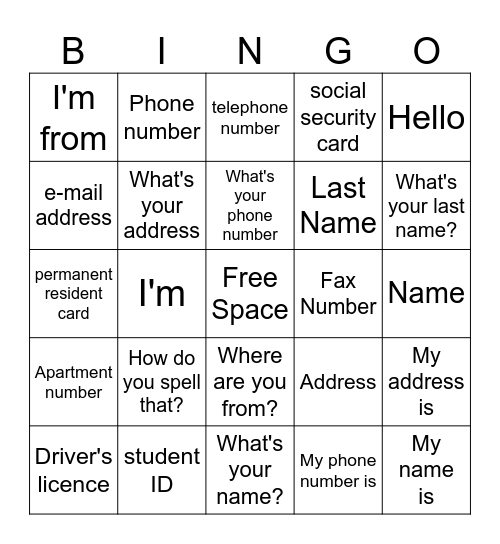 Side By Side 1 Chapter 1 Bingo Card