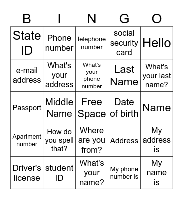 Personal Information Bingo Card