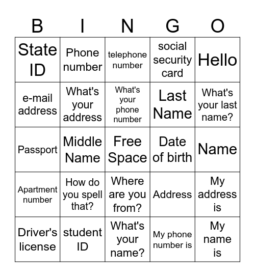 Personal Information Bingo Card