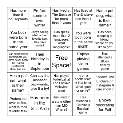 The Enclave Meet & Mingle Bingo Card
