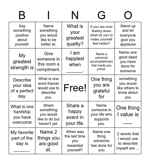 Self-Esteem Bingo! Bingo Card