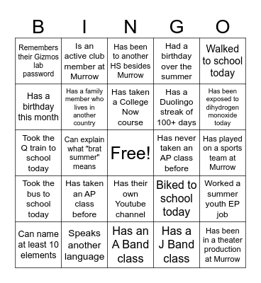 Class Chemistry Bingo Card