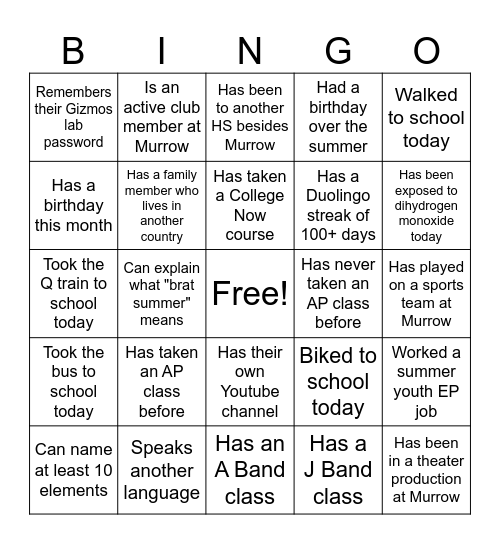 Class Chemistry Bingo Card