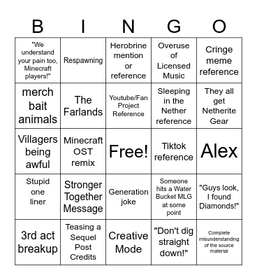 Minecraft Movie Bingo Card