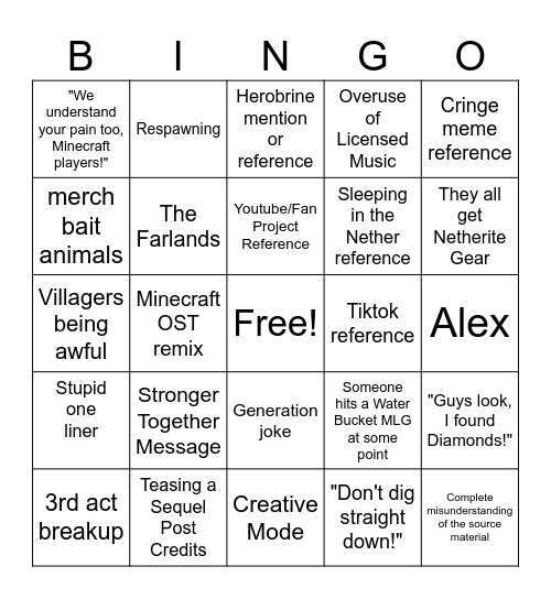 Minecraft Movie Bingo Card