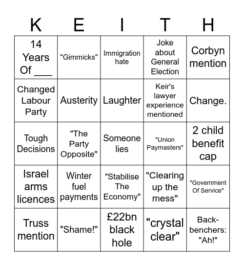 PMQs bingo - 4 September 2024 Bingo Card