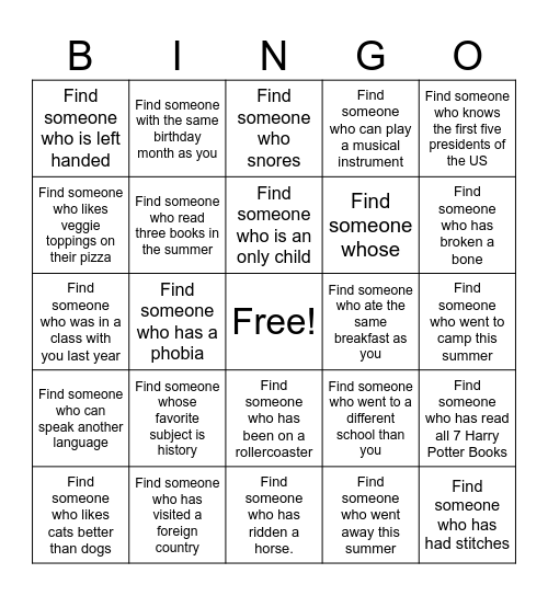 Back to School Bingo Card