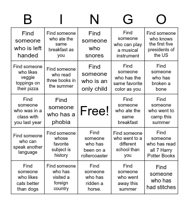 Back to School Bingo Card