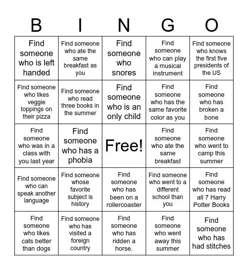 Back to School Bingo Card