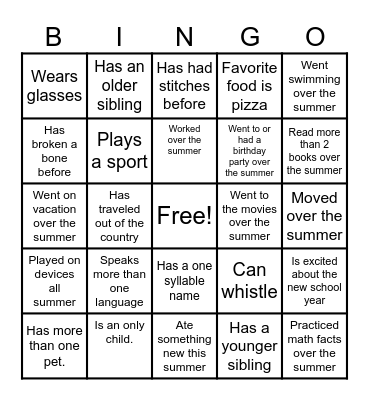 Back to School Bingo Card