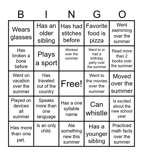 Back to School Bingo Card