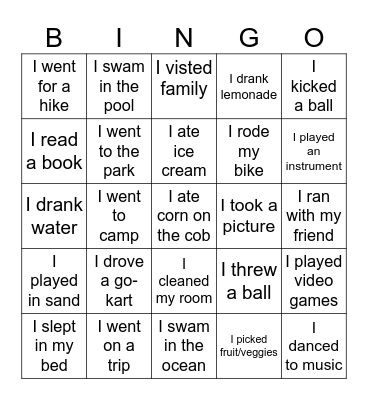 What I Did Last Summer Bingo Card