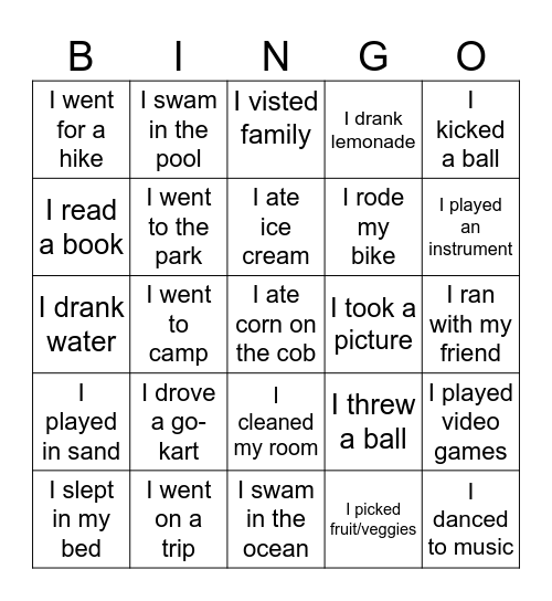 What I Did Last Summer Bingo Card