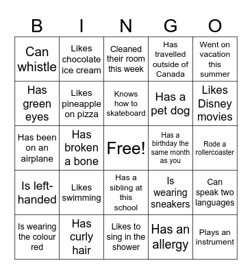 Student Bingo Card