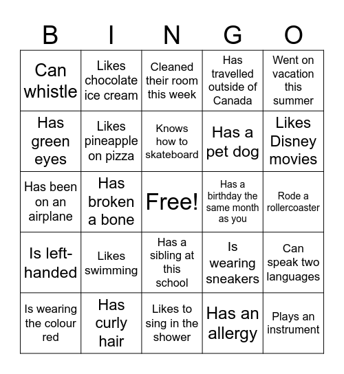 Student Bingo Card