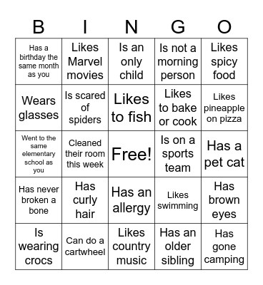 Student Bingo Card