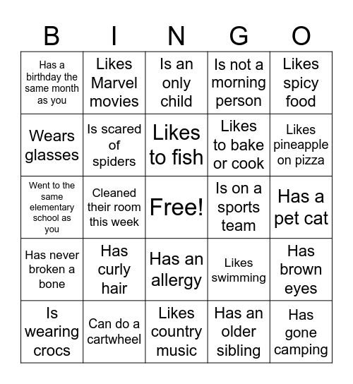 Student Bingo Card