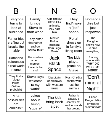 Minecraft Movie Bingo Card