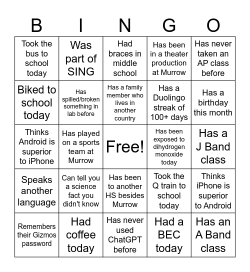 Class Chemistry Bingo Card