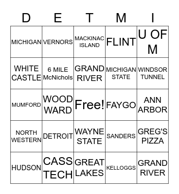 Michigan Bingo Card