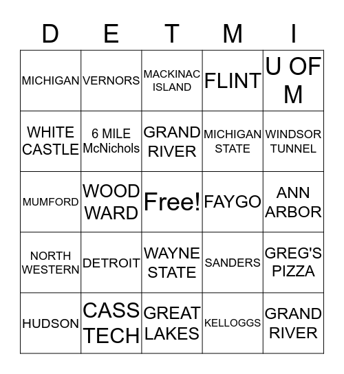 Michigan Bingo Card