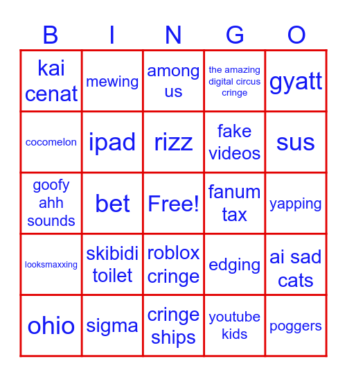 Gen alpha brainrot Bingo Card