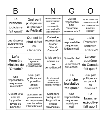 Civisme et citoyenneté 10e année Bingo Card