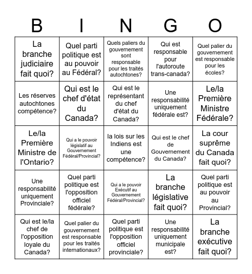 Civisme et citoyenneté 10e année Bingo Card