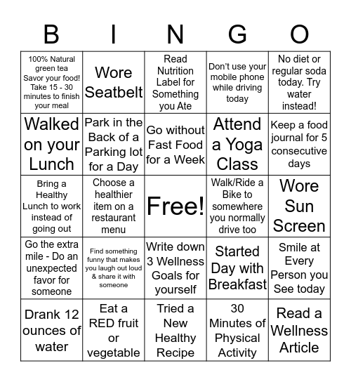 Wellness Bingo Card