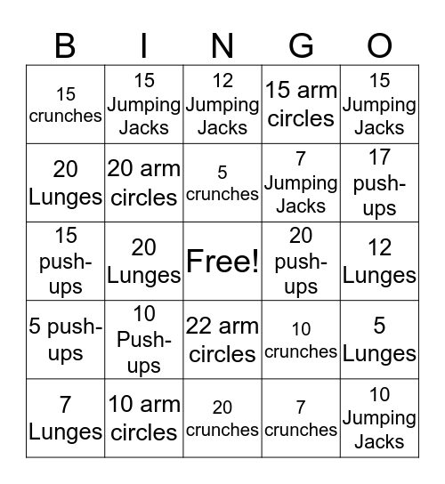 Workout BINGO  Bingo Card