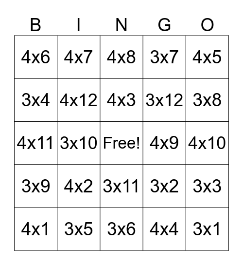 3x and 4x Bingo Card